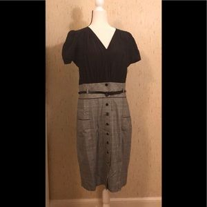 Badgley Mischka plaid faux two piece look a like dress with belt.